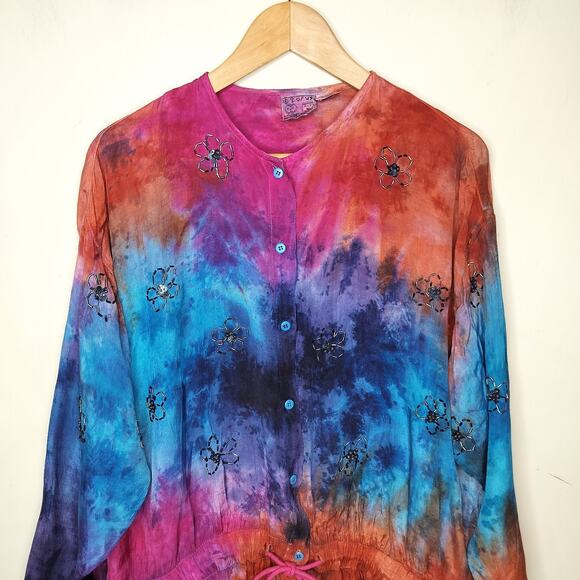 2 Of Us Tie Dye Button Up Shirt Beaded Flower Boho Hippie - Picture 2 of 14